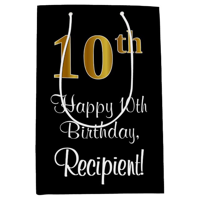 Luxurious, Elegant, Faux Gold Look 10th Birthday Medium Gift Bag (Front)