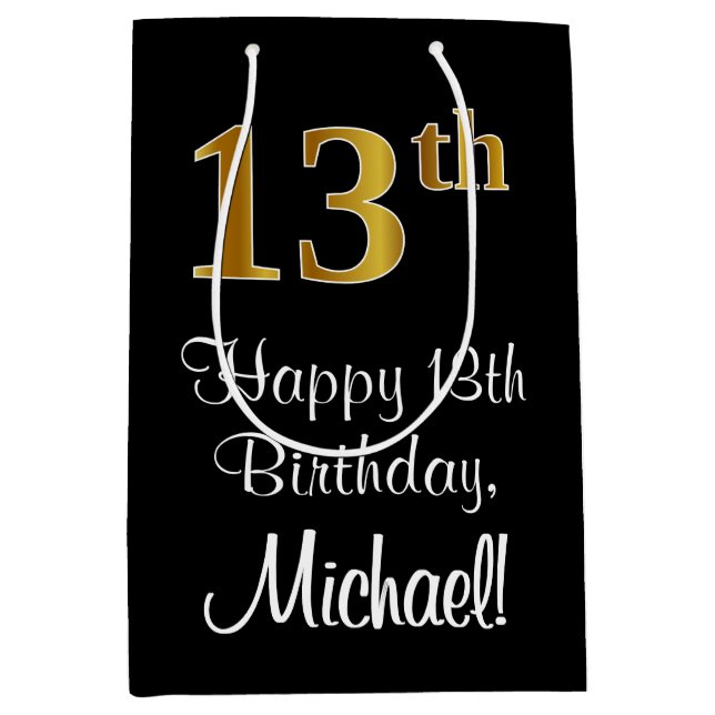 Luxurious, Elegant, Faux Gold Look 13th Birthday Medium Gift Bag (Front)