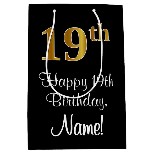 Luxurious, Elegant, Faux Gold Look 19th Birthday Medium Gift Bag (Front)