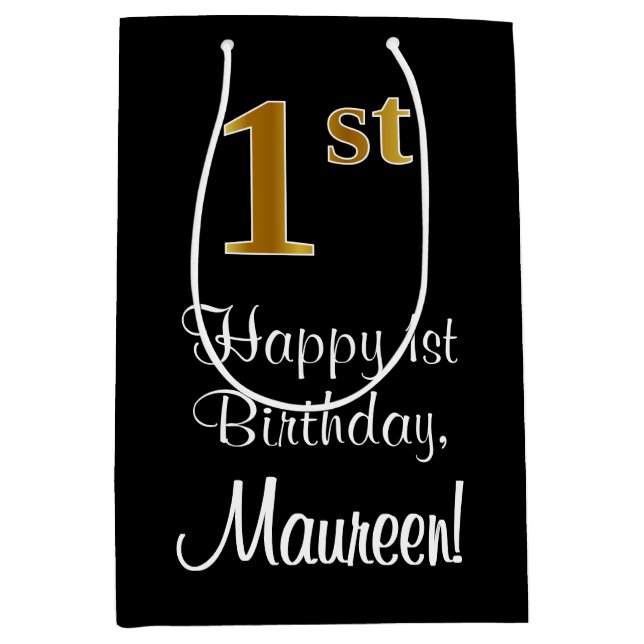 Luxurious, Elegant, Faux Gold Look 1st Birthday Medium Gift Bag (Front)