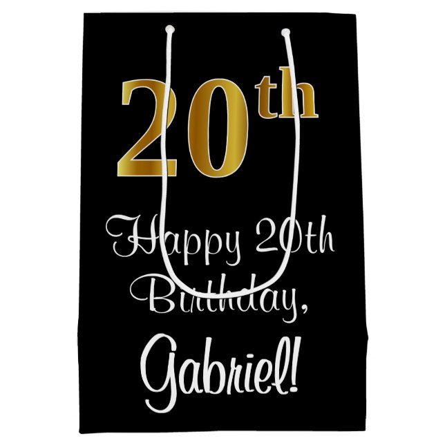 Luxurious, Elegant, Faux Gold Look 20th Birthday Medium Gift Bag (Back)