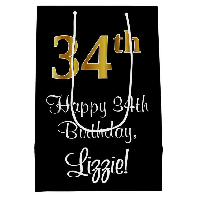 Luxurious, Elegant, Faux Gold Look 34th Birthday Medium Gift Bag (Back)
