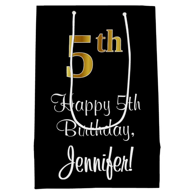 Luxurious, Elegant, Faux Gold Look 5th Birthday Medium Gift Bag (Back)