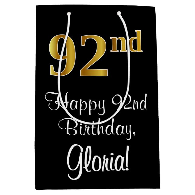 Luxurious, Elegant, Faux Gold Look 92nd Birthday Medium Gift Bag (Front)