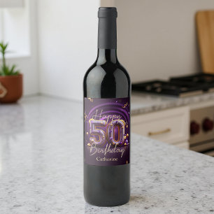 Luxurious Elegant Purple and Gold 50th Birthday Wine Label