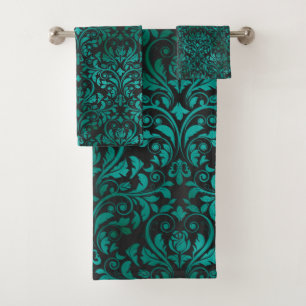 LUXURIOUS EMERALD AQUA PATTERNED TOWEL SET