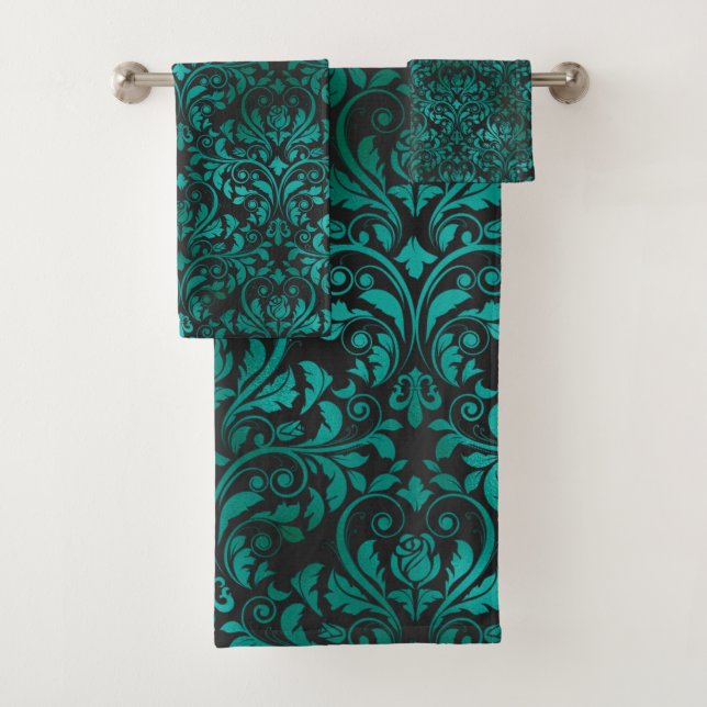 LUXURIOUS EMERALD AQUA PATTERNED TOWEL SET (Insitu)