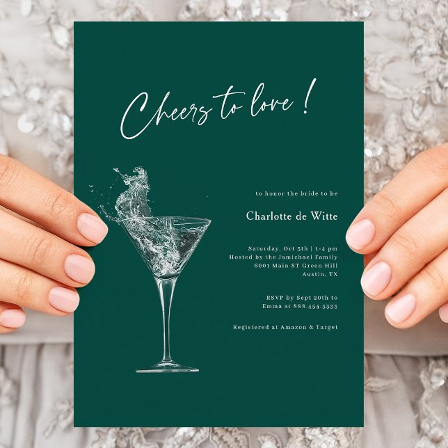 Luxurious Emerald! Cheers to Love Bridal Shower Invitation (Elegant Emerald Green Cheers To Love Bridal Shower Invitation)