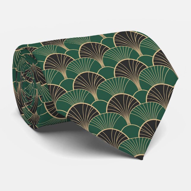 Luxurious Emerald Green & Gold Art Deco Geometric  Tie (Rolled)