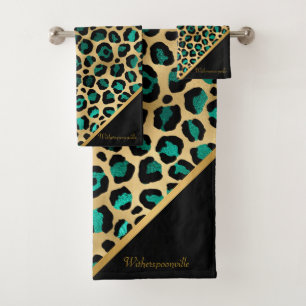 LUXURIOUS EMERALD GREEN LEOPARD GOLD  BATH TOWEL SET
