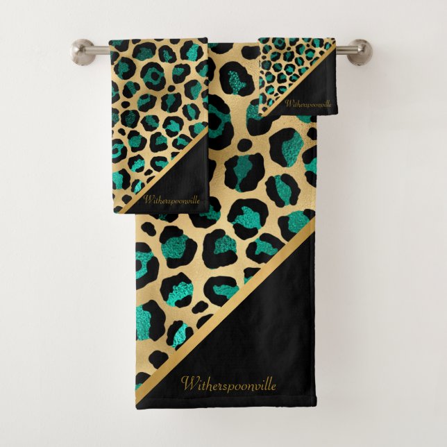 LUXURIOUS EMERALD GREEN LEOPARD GOLD  BATH TOWEL SET (Insitu)