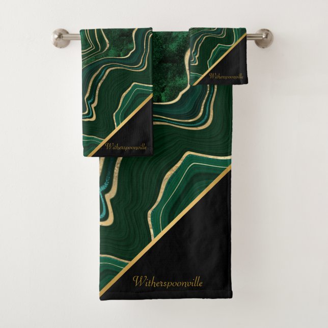 LUXURIOUS EMERALD GREEN MARBLE GOLD 2 CUSTOM  BATH TOWEL SET (Insitu)
