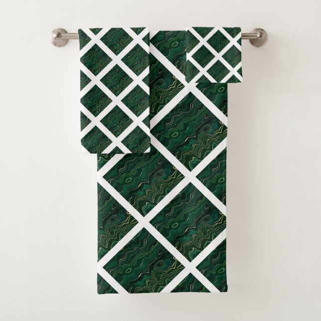LUXURIOUS EMERALD GREEN MARBLE GRID BATH TOWEL SET (Insitu)