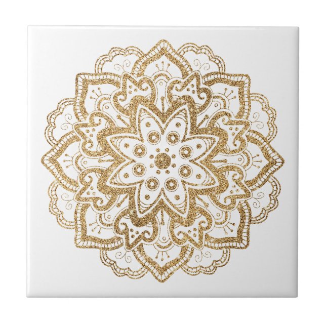Luxurious Faux Gold Glitter Boho Mandala White Ceramic Tile (Front)