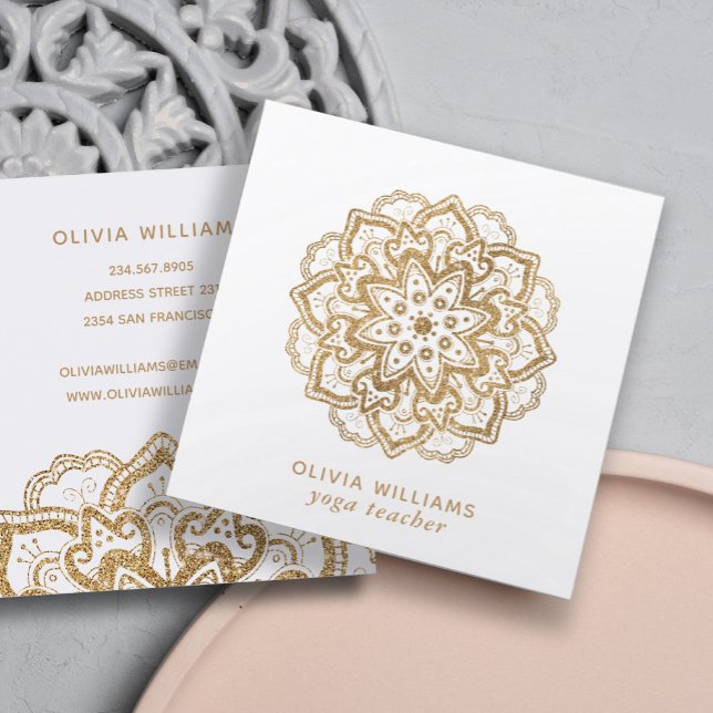 Luxurious Faux Gold Glitter Boho Mandala White Square Business Card (Creator Uploaded)