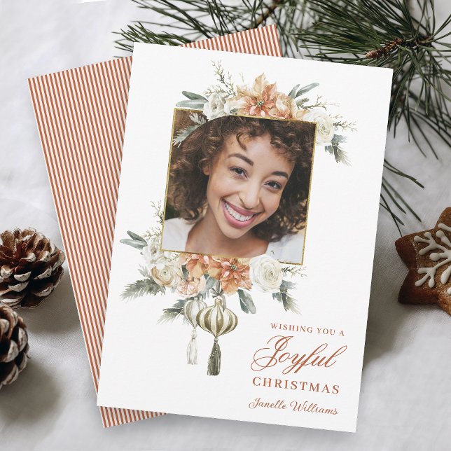 Luxurious Feminine Floral Photo Holiday Card (A beautifully feminine photo holiday card in watercolor florals with tasseled ornaments.)