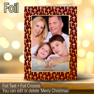 Luxurious Festive Burgundy Red and Gold Crosses Foil Holiday Card