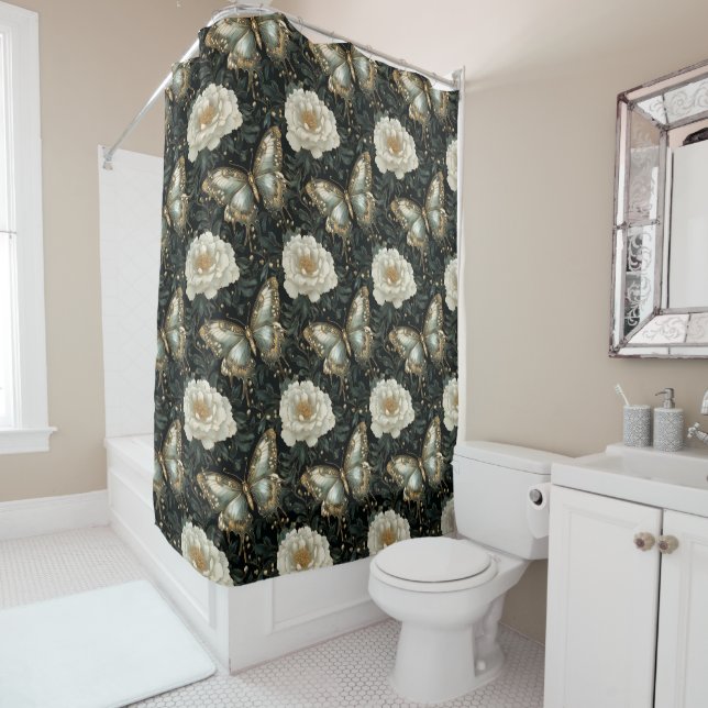 Luxurious Floral & Butterfly Seamless Pattern Shower Curtain (In Situ)