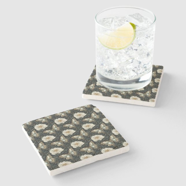 Luxurious Floral & Butterfly Seamless Pattern Stone Coaster (Side)