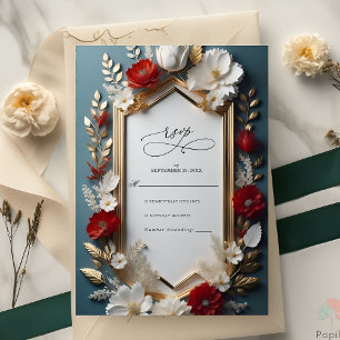 Luxurious Floral motif with Golden Leaves Wedding RSVP Card