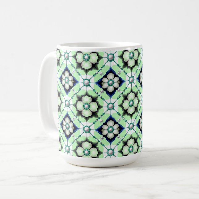 Luxurious Floral Tile Pattern With Blue Green Bead Coffee Mug (Front Left)