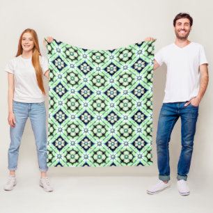 Luxurious Floral Tile Pattern With Blue Green Bead Fleece Blanket