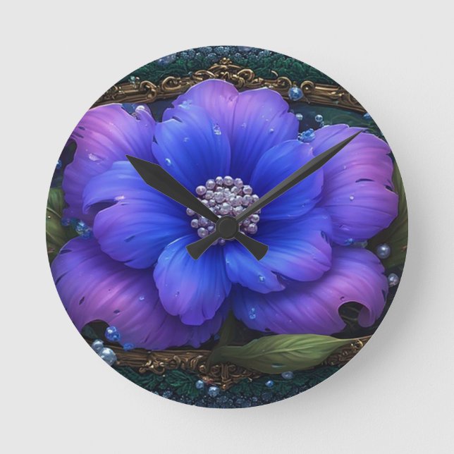Luxurious Flower With Ornate Frame Round Clock (Front)