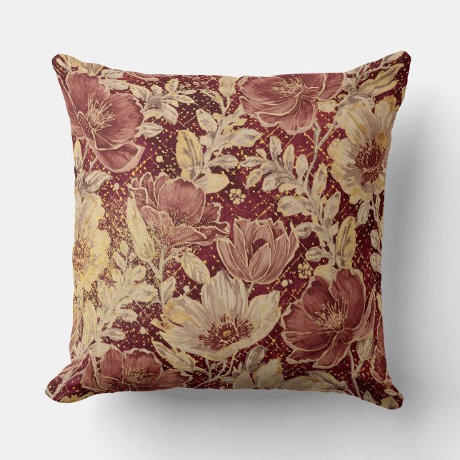 Luxurious Flowers,Gold Maroon, Elegant Beautiful Cushion (Front)