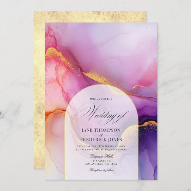 Luxurious Flowing Purple and Gold Ink Wedding Invitation (Front/Back)