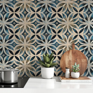 Luxurious Geometric Blossoms - Blue and Beige Wallpaper