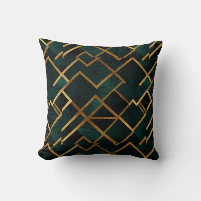 Luxurious Geometric Gold and Emerald Cushion (Front)