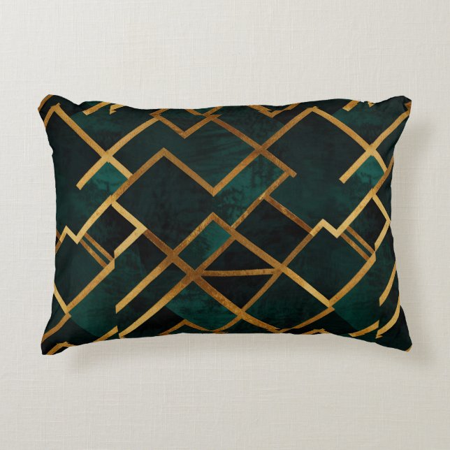 Luxurious Geometric Gold and Emerald Decorative Cushion (Front)