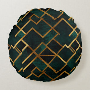 Luxurious Geometric Gold and Emerald Round Cushion