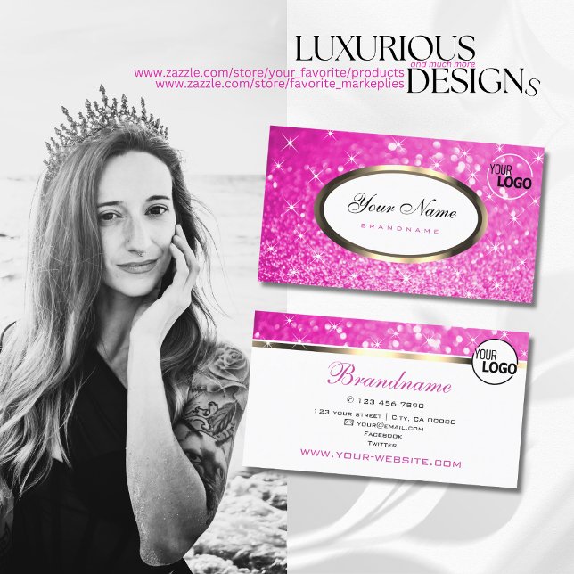 Luxurious Girly Pink Glitter Sparkling Stars Logo Business Card (Creator Uploaded)