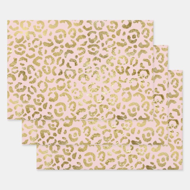 Luxurious Glam Gold Light Pink Leopard Print Wrapping Paper Sheet (Set)