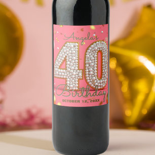 Luxurious Glam Pink Gold and Pearls 40th Birthday Wine Label