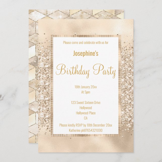 LUXURIOUS GLITTER GEO CHAMPAGNE & GOLD INVITATION (Front/Back)