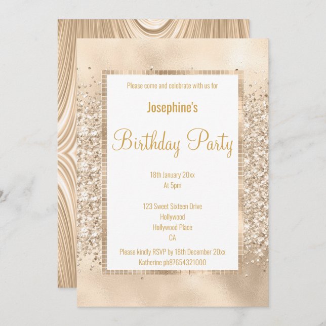 LUXURIOUS GLITTER SATIN CHAMPAGNE & GOLD INVITATION (Front/Back)