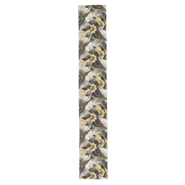 Luxurious Gold and Black Marbleised Floral  Long Table Runner (Front)