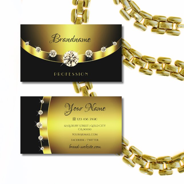 Luxurious Gold and Black Sparkling Jewels Diamonds Business Card (Creator Uploaded)