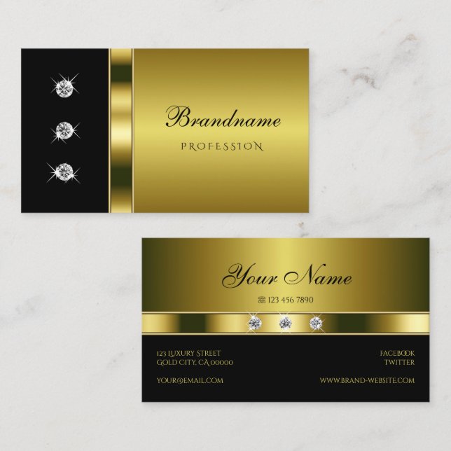Luxurious Gold and Black with Shimmery Rhinestones Business Card (Front/Back)