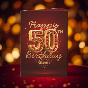 Luxurious Gold and Deep Red Gemstone 50th Birthday Card