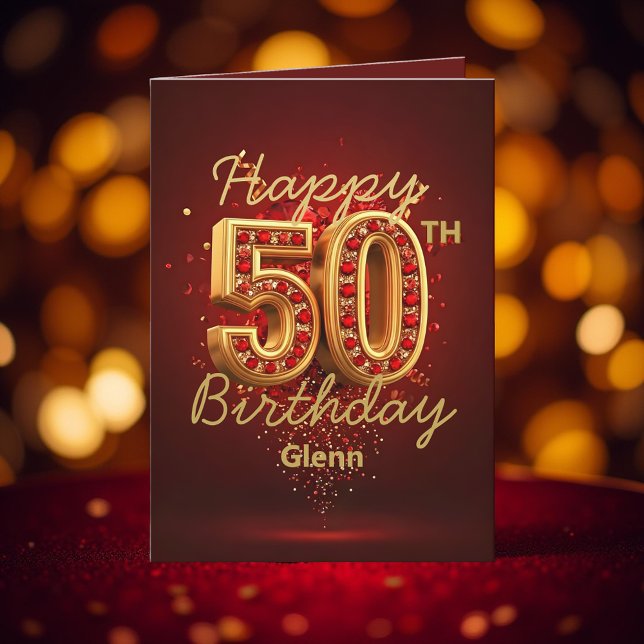 Luxurious Gold and Deep Red Gemstone 50th Birthday Card (Creator Uploaded)
