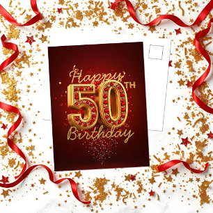 Luxurious Gold and Red Gemstone 50th Birthday Postcard