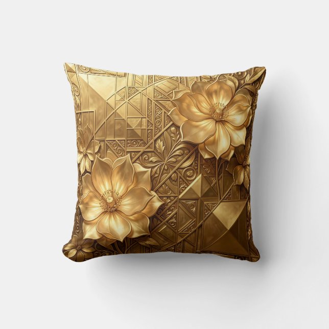 Luxurious Gold Art Deco Floral Embossed Pattern Cushion (Front)