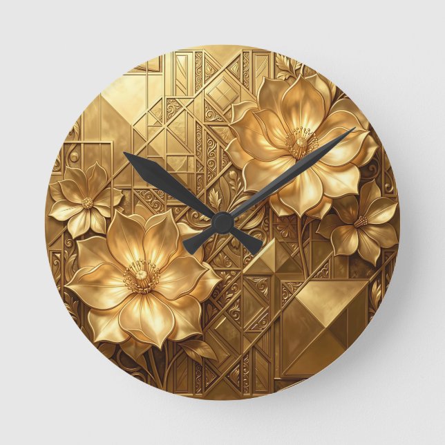 Luxurious Gold Art Deco Floral Embossed Pattern Round Clock (Front)