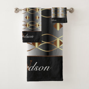 Luxurious Gold Black And Silver Monogrammed Bath Towel Set