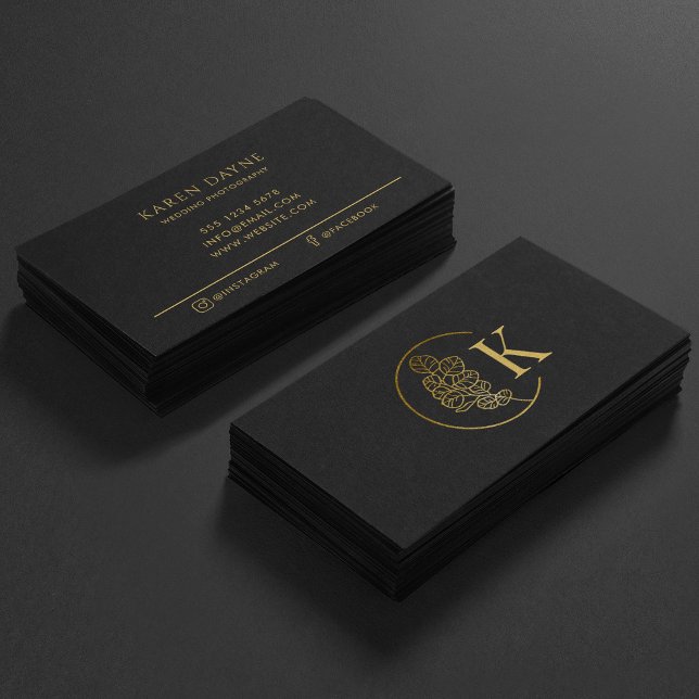 Luxurious Gold Black Floral Monogram Minimal  Business Card (Creator Uploaded)