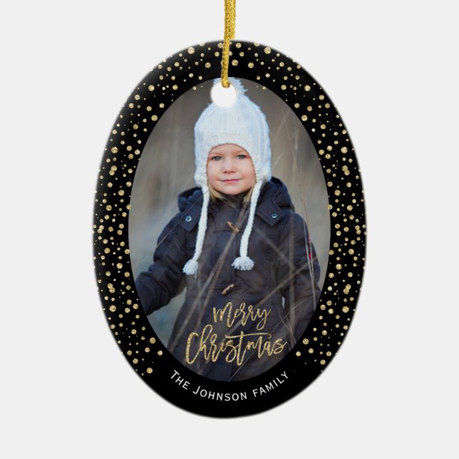 Luxurious Gold Black Glitter Dots Photo Christmas Ceramic Ornament (Front)