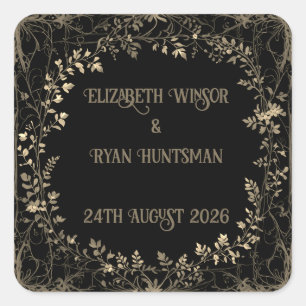 Luxurious Gold & Black Sepia Floral Finish Square Sticker